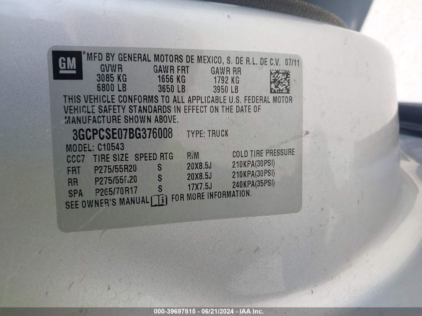 2011 Chevrolet Silverado 1500 Lt VIN: 3GCPCSE07BG376008 Lot: 39697815