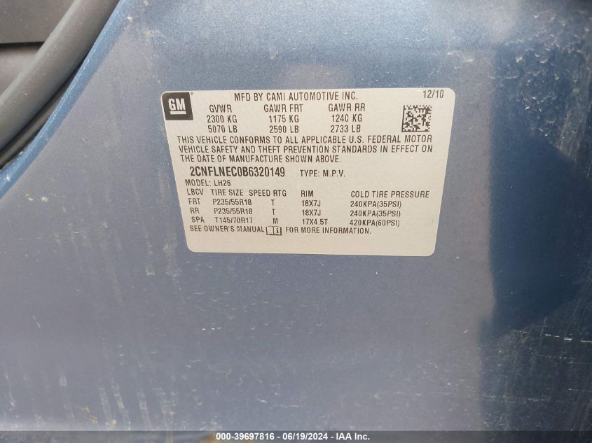 2011 Chevrolet Equinox 2Lt VIN: 2CNFLNEC0B6320149 Lot: 39697816