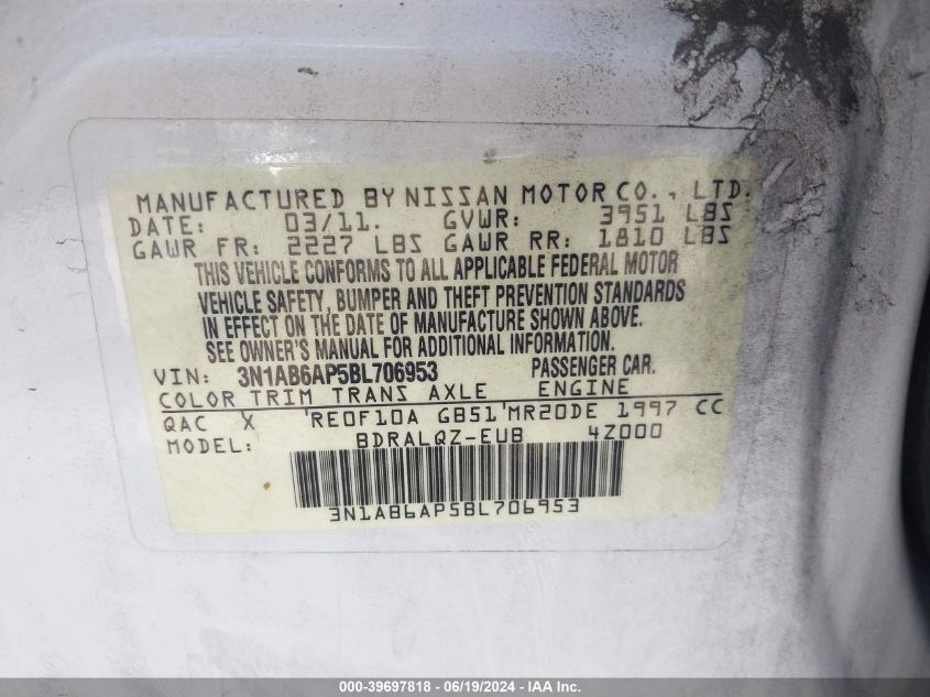 2011 Nissan Sentra 2.0 VIN: 3N1AB6AP5BL706953 Lot: 39697818