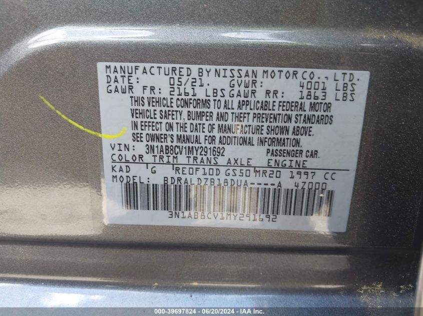 2021 Nissan Sentra Sv VIN: 3N1AB8CV1MY291692 Lot: 39697824