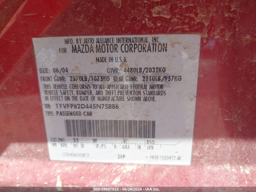 2004 Mazda Mazda6 S VIN: 1YVFP82D445N75886 Lot: 39697833