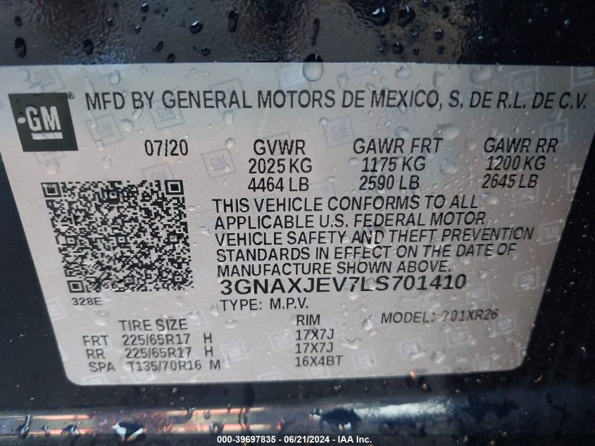 2020 Chevrolet Equinox Fwd 2Fl VIN: 3GNAXJEV7LS701410 Lot: 39697835