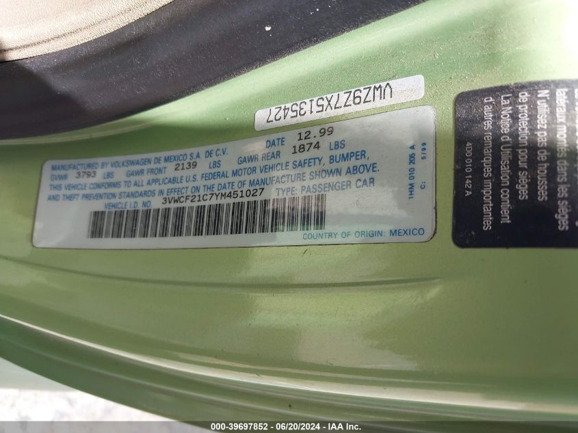 2000 Volkswagen New Beetle Gls Tdi VIN: 3VWCF21C7YM451027 Lot: 39697852
