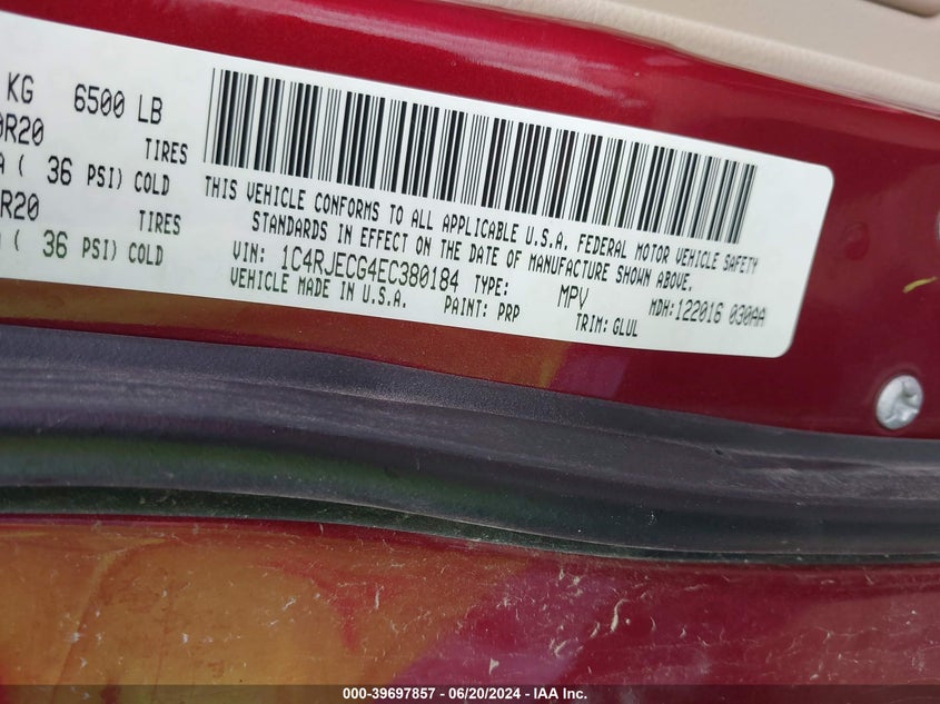 2014 Jeep Grand Cherokee Overland VIN: 1C4RJECG4EC380184 Lot: 39697857