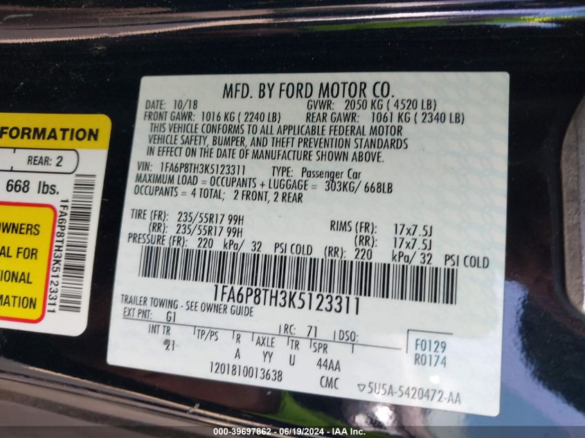 2019 Ford Mustang Ecoboost VIN: 1FA6P8TH3K5123311 Lot: 39697862