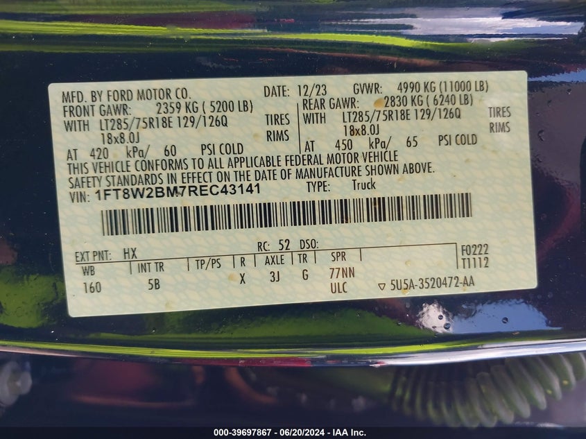 2024 Ford F-250 Lariat VIN: 1FT8W2BM7REC43141 Lot: 39697867