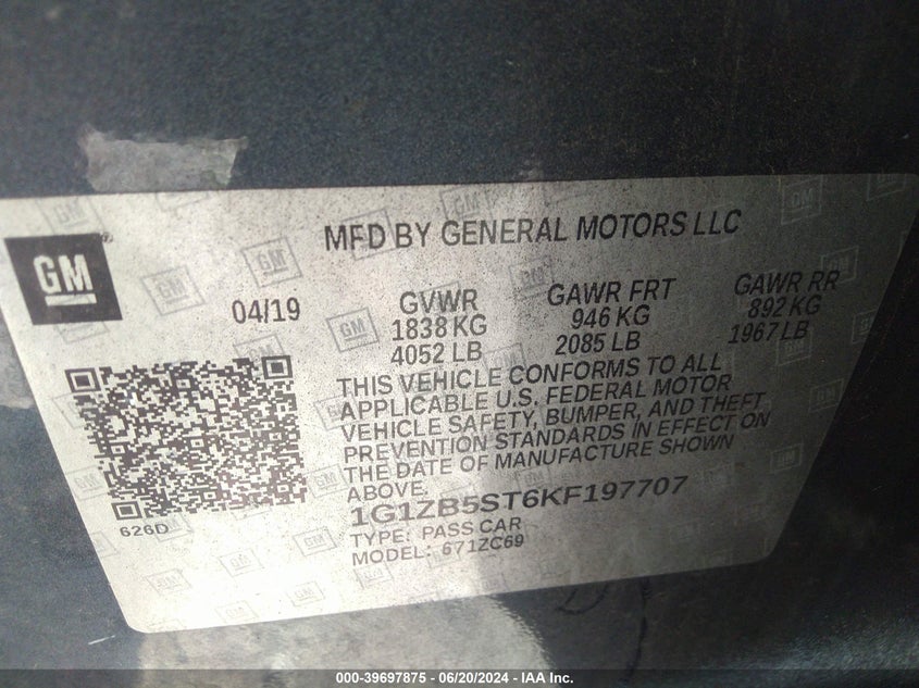 2019 Chevrolet Malibu Ls VIN: 1G1ZB5ST6KF197707 Lot: 39697875