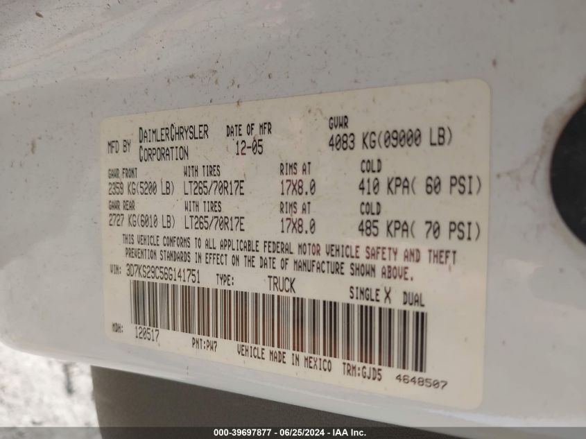 2006 Dodge Ram 2500 VIN: 3D7KS29C56G141751 Lot: 39697877