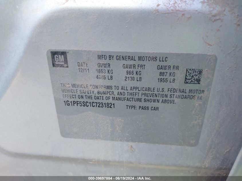2012 Chevrolet Cruze 1Lt VIN: 1G1PF5SC1C7231821 Lot: 39697884
