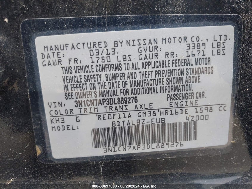 2013 Nissan Versa 1.6 Sv VIN: 3N1CN7AP3DL889276 Lot: 39697890