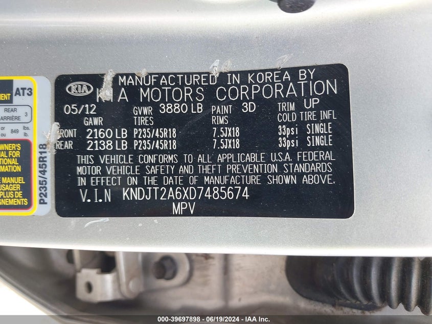 2013 Kia Soul ! VIN: KNDJT2A6XD7485674 Lot: 39697898