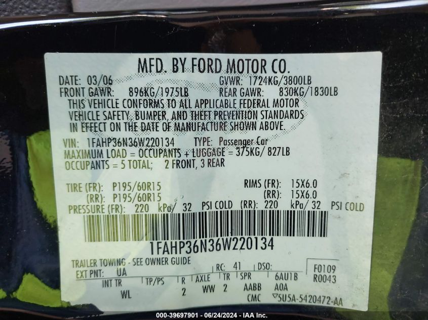 2006 Ford Focus Zxw VIN: 1FAHP36N36W220134 Lot: 39697901