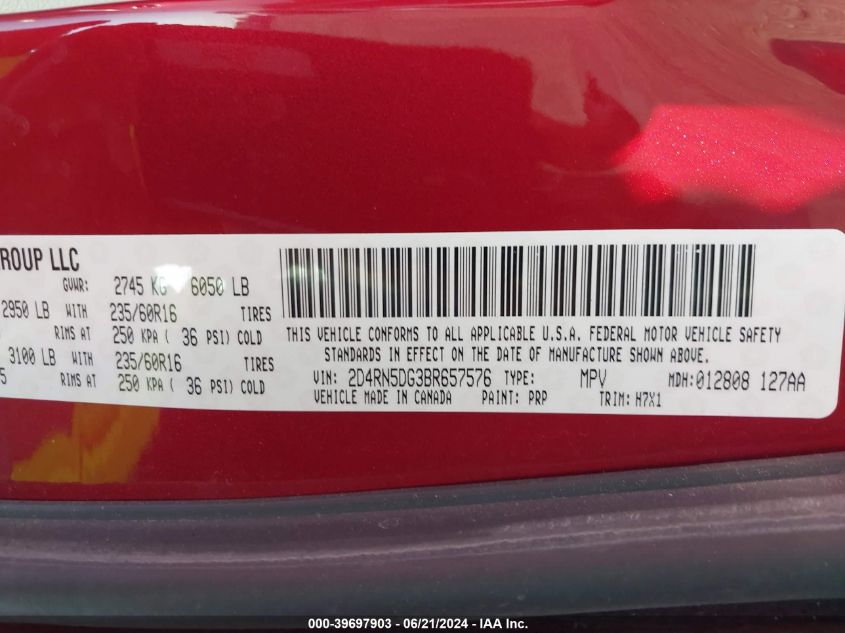 2011 Dodge Grand Caravan Crew VIN: 2D4RN5DG3BR657576 Lot: 39697903