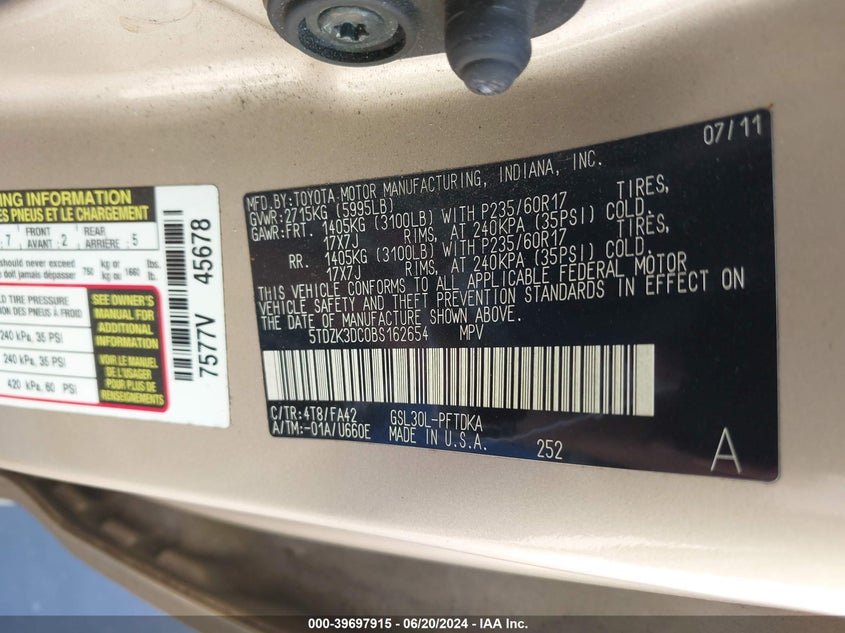 2011 Toyota Sienna Base V6 VIN: 5TDZK3DC0BS162654 Lot: 39697915