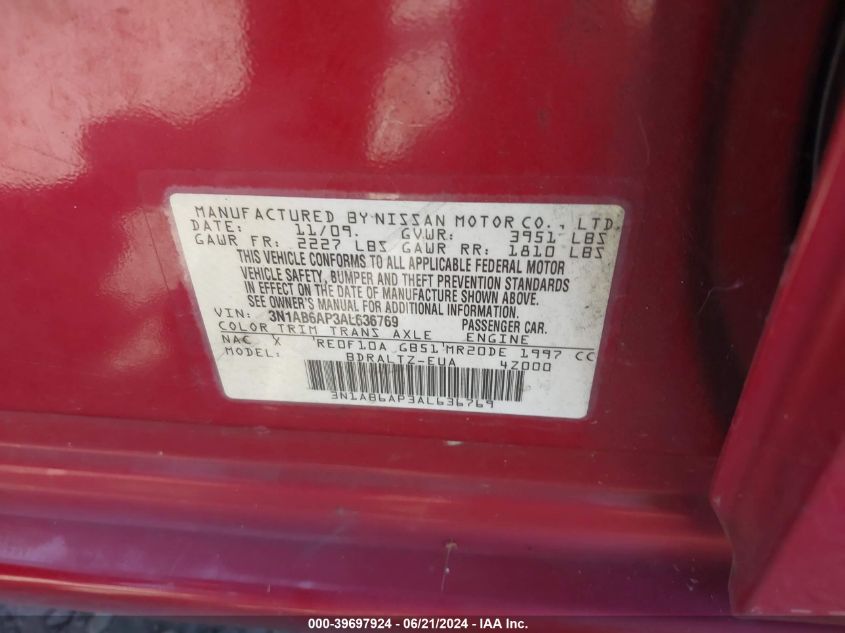 2010 Nissan Sentra 2.0S VIN: 3N1AB6AP3AL636769 Lot: 39697924