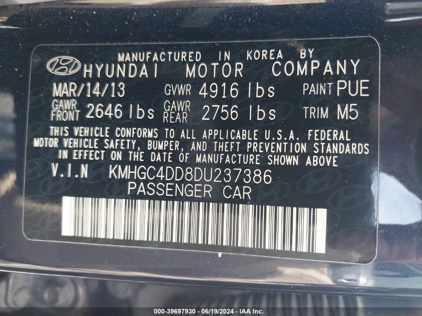 2013 Hyundai Genesis 3.8 VIN: KMHGC4DD8DU237386 Lot: 39697930