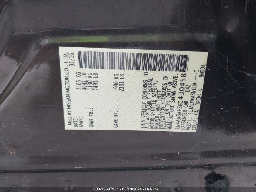 2016 Nissan Maxima 3.5 Sl VIN: 1N4AA6AP5GC430458 Lot: 39697931