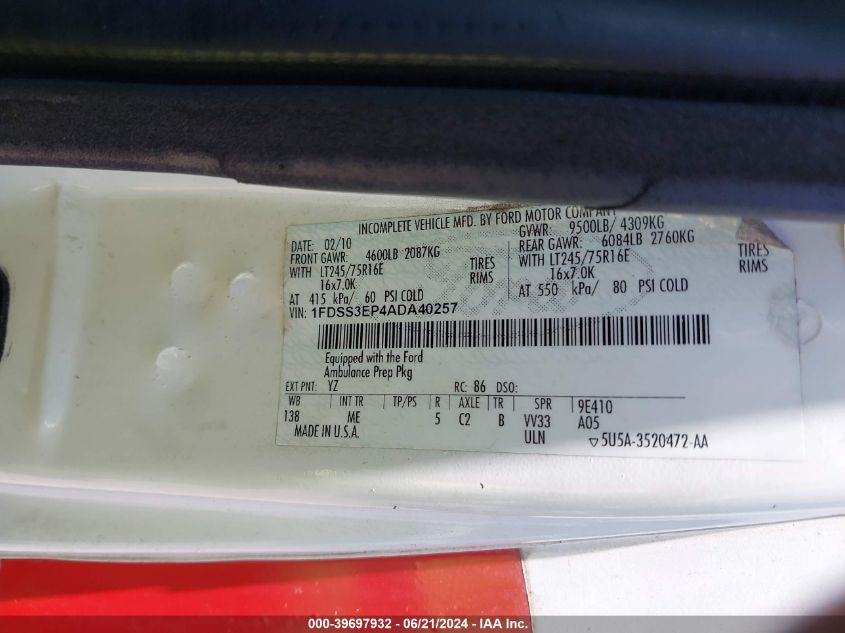 2010 Ford E-350 Super Duty Commercial VIN: 1FDSS3EP4ADA40257 Lot: 39697932