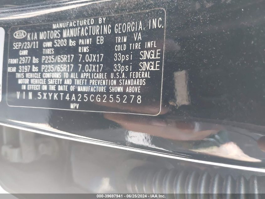 2012 Kia Sorento Lx V6 VIN: 5XYKT4A25CG255278 Lot: 39697941