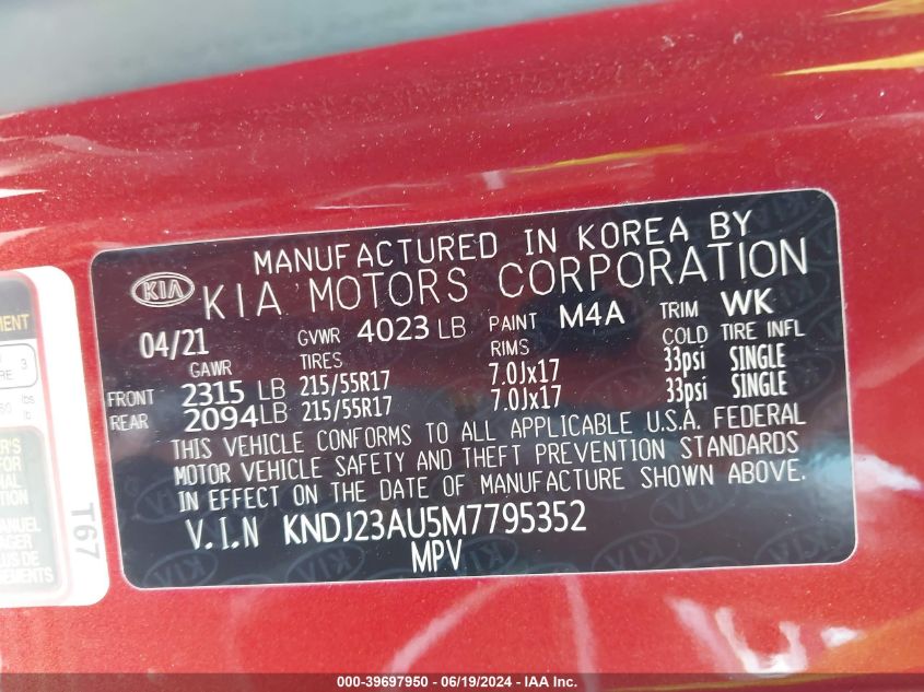 2021 Kia Soul S VIN: KNDJ23AU5M7795352 Lot: 39697950