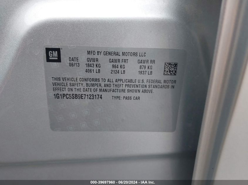 2014 Chevrolet Cruze Lt VIN: 1G1PC5SB9E7123174 Lot: 39697960