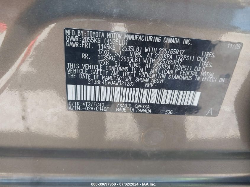 2010 Toyota Rav4 VIN: 2T3BF4DV0AW031282 Lot: 39697959