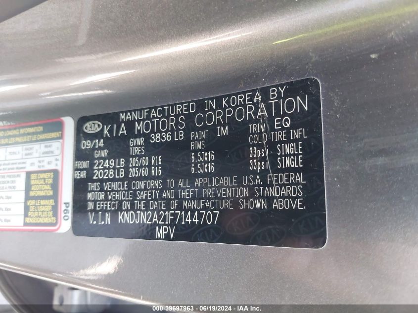 2015 Kia Soul VIN: KNDJN2A21F7144707 Lot: 39697963