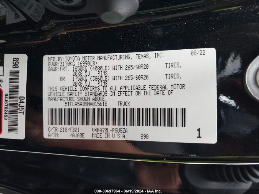 2022 Toyota Tundra Sr5 VIN: 5TFLA5AB9NX015618 Lot: 39697964