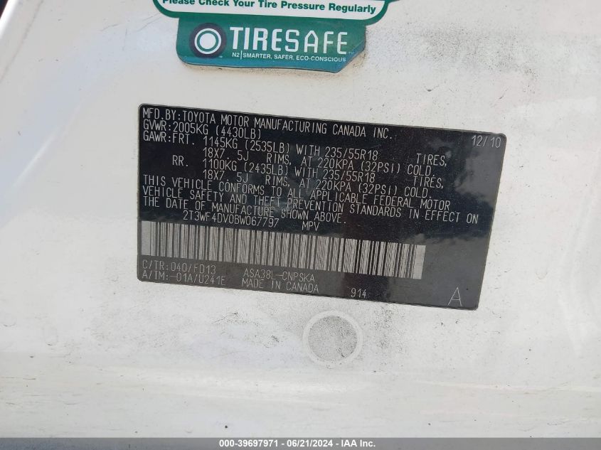 2011 Toyota Rav4 Sport VIN: 2T3WF4DV0BW067797 Lot: 39697971