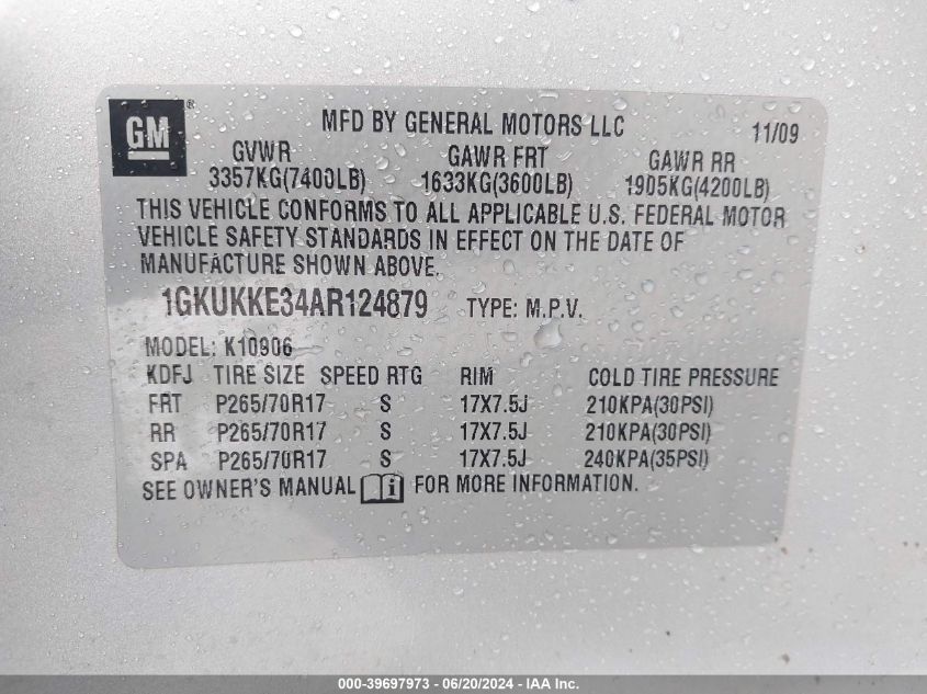 2010 GMC Yukon Xl K1500 Slt VIN: 1GKUKKE34AR124879 Lot: 39697973