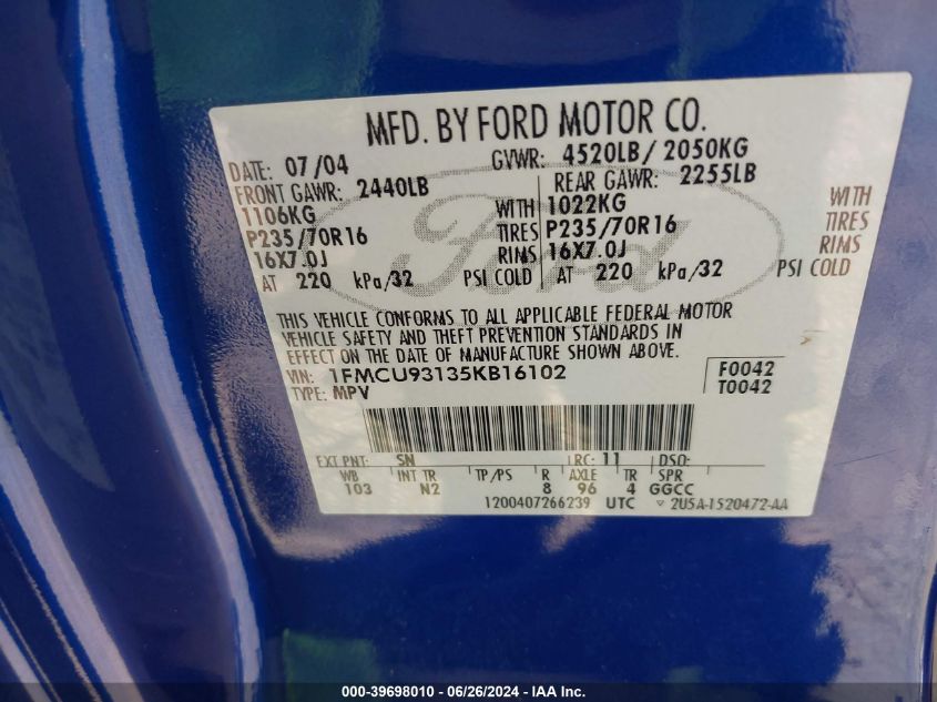 2005 Ford Escape Xlt VIN: 1FMCU93135KB16102 Lot: 39698010