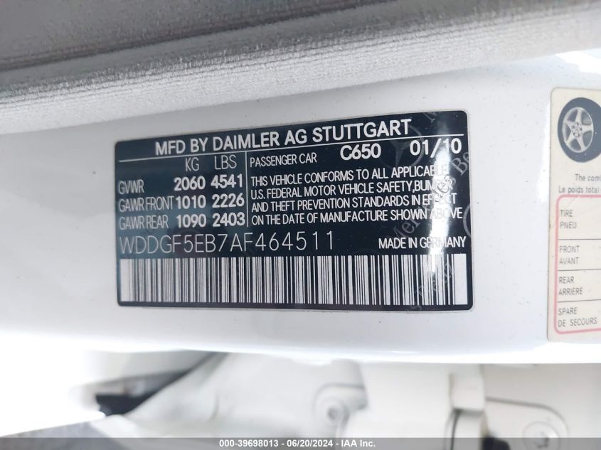 2010 Mercedes-Benz C 300 Luxury/Sport VIN: WDDGF5EB7AF464511 Lot: 39698013