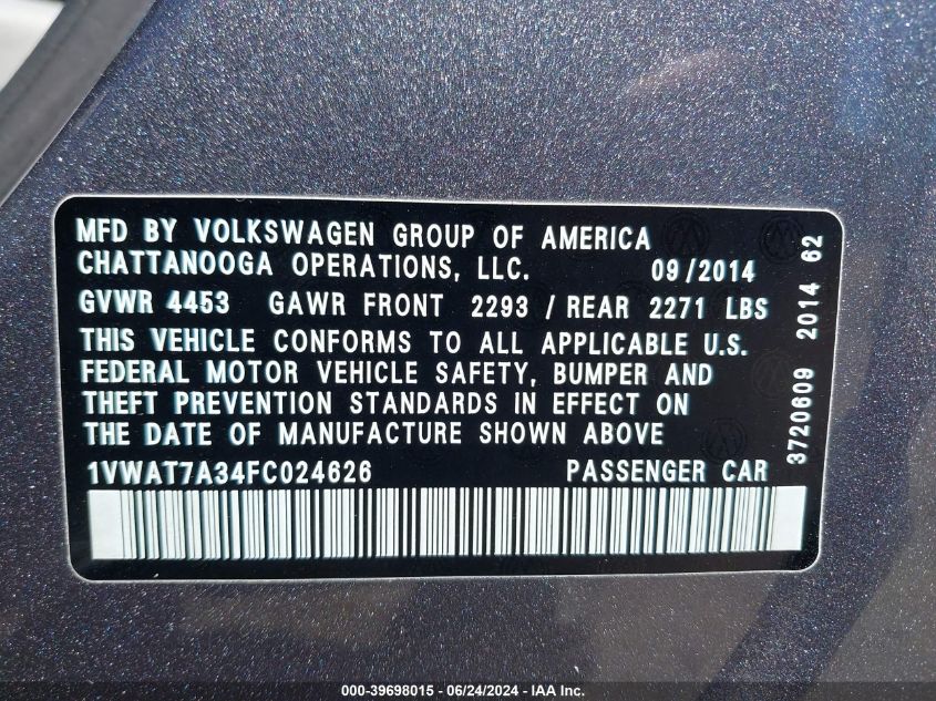 2015 Volkswagen Passat 1.8T S VIN: 1VWAT7A34FC024626 Lot: 39698015