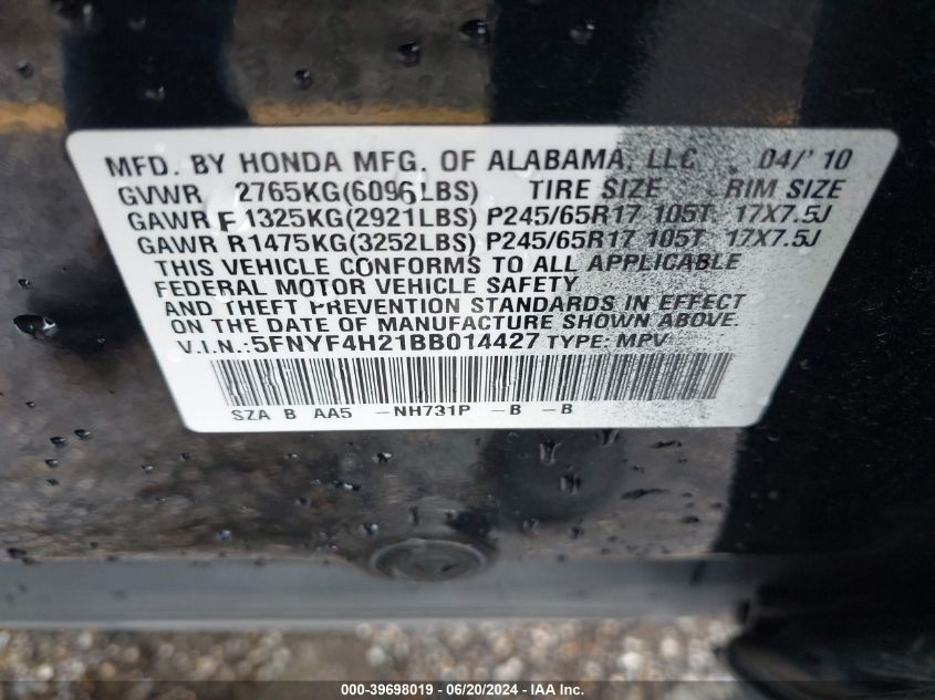 2011 Honda Pilot Lx VIN: 5FNYF4H21BB014427 Lot: 39698019