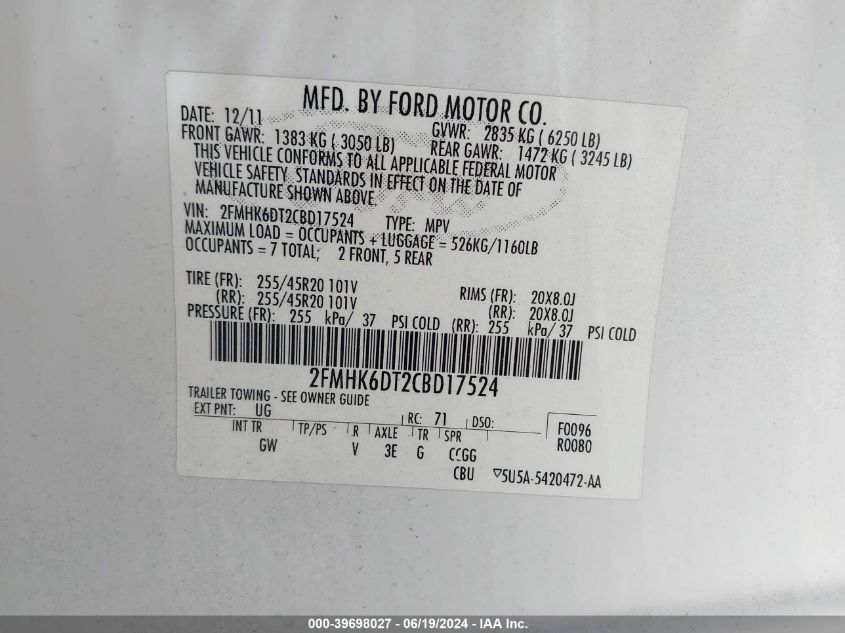 2012 Ford Flex Titanium VIN: 2FMHK6DT2CBD17524 Lot: 39698027