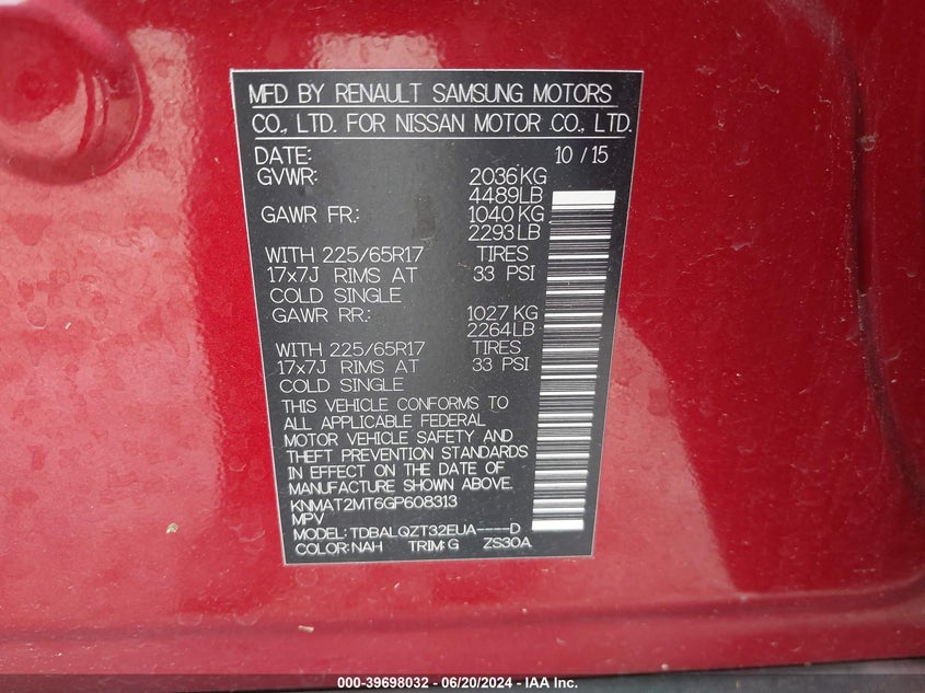 2016 Nissan Rogue S/Sl/Sv VIN: KNMAT2MT6GP608313 Lot: 39698032