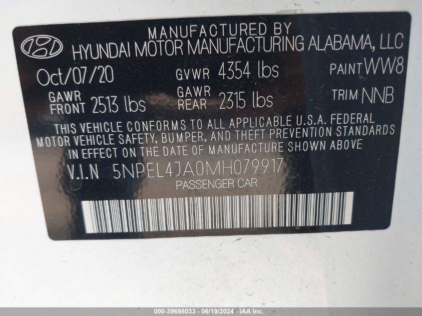 2021 Hyundai Sonata Sel VIN: 5NPEL4JA0MH079917 Lot: 39698033