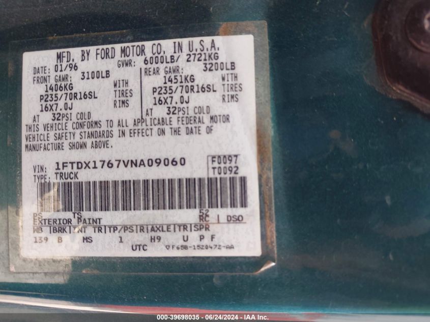 1997 Ford F-150 Lariat/Standard/Xl/Xlt VIN: 1FTDX1767VNA09060 Lot: 39698035