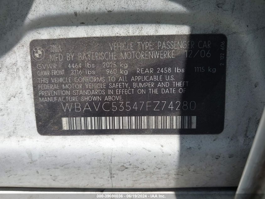 2007 BMW 328I VIN: WBAVC53547FZ74280 Lot: 39698036