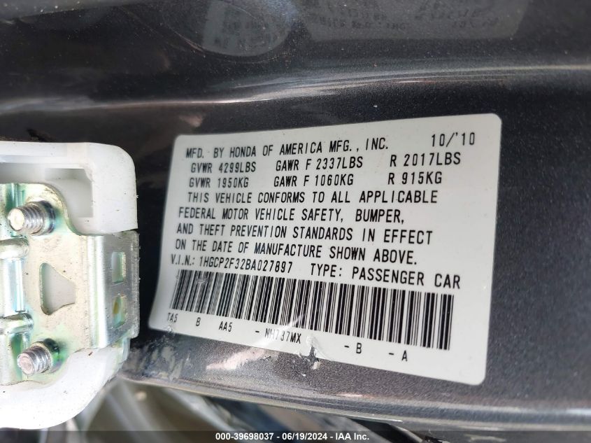 2011 Honda Accord 2.4 Lx VIN: 1HGCP2F32BA027897 Lot: 39698037