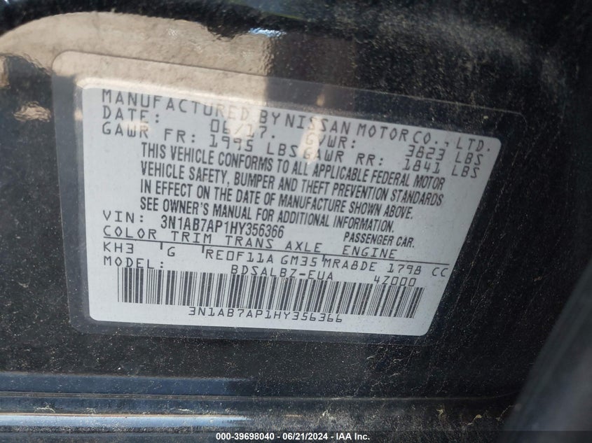 2017 Nissan Sentra S/Sv/Sr/Sl VIN: 3N1AB7AP1HY356366 Lot: 39698040