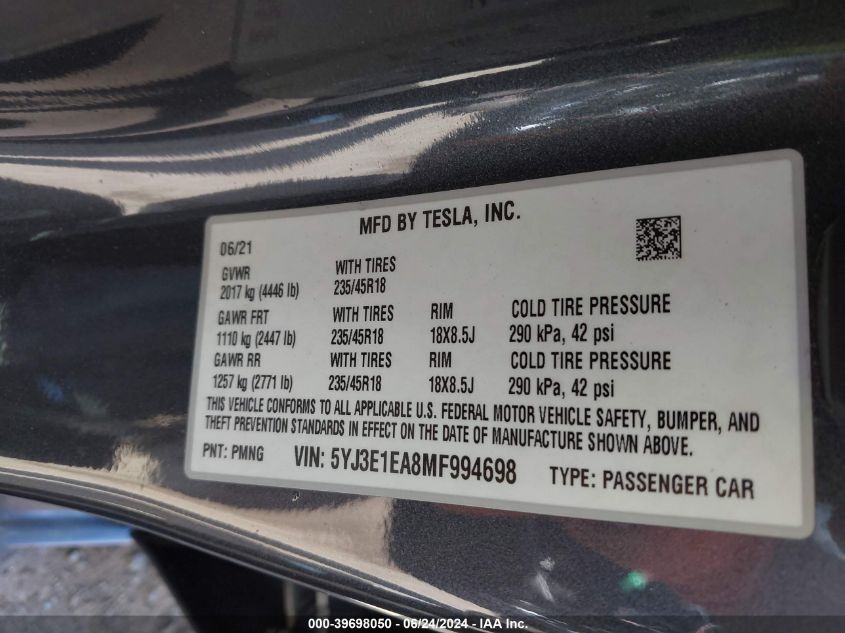 2021 Tesla Model 3 Standard Range Plus Rear-Wheel Drive VIN: 5YJ3E1EA8MF994698 Lot: 39698050