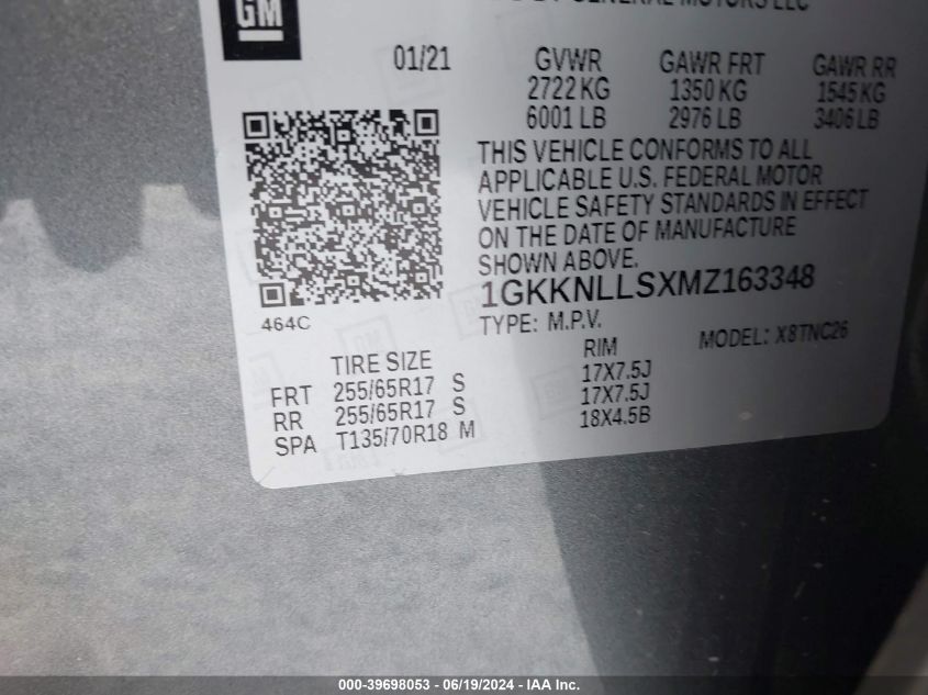 2021 GMC Acadia Awd At4 VIN: 1GKKNLLSXMZ163348 Lot: 39698053