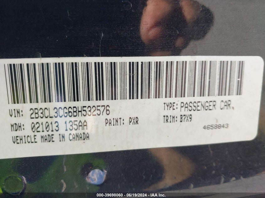 2011 Dodge Charger VIN: 2B3CL3CG6BH532576 Lot: 39698060