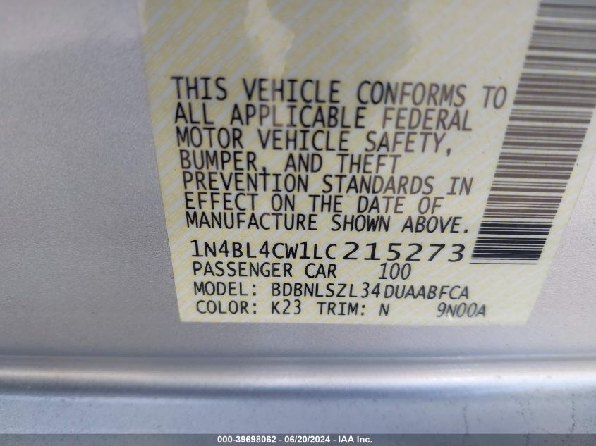 2020 Nissan Altima Sr Intelligent Awd VIN: 1N4BL4CW1LC215273 Lot: 39698062