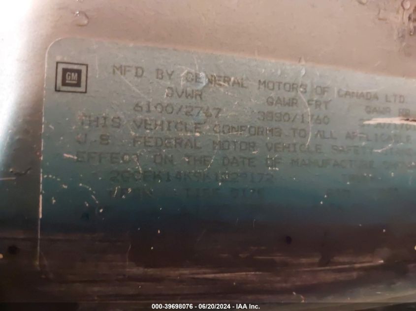 1989 Chevrolet Gmt-400 K1500 VIN: 2GCEK14K9K1229172 Lot: 39698076