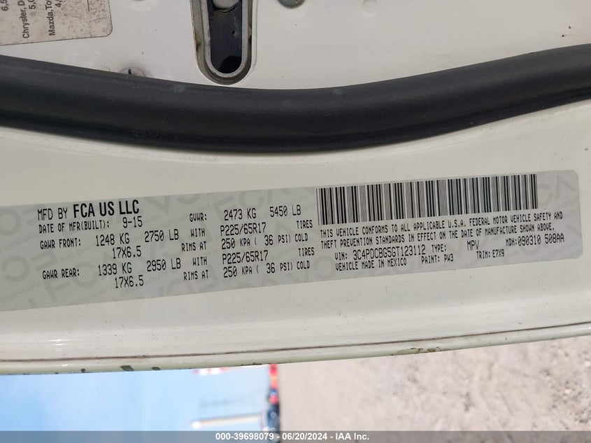 2016 Dodge Journey Sxt VIN: 3C4PDCBG5GT123112 Lot: 39698079