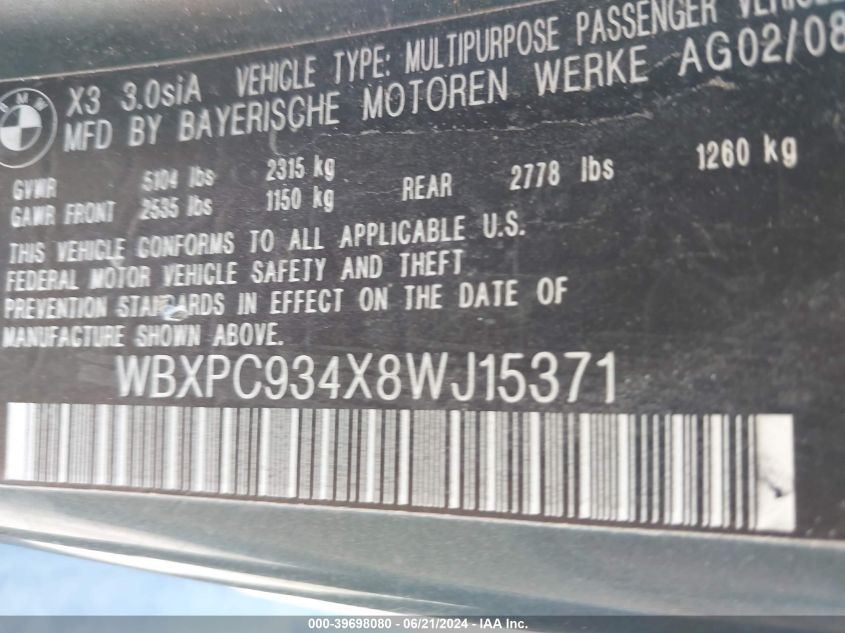 2008 BMW X3 3.0Si VIN: WBXPC934X8WJ15371 Lot: 39698080