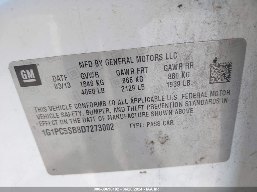 2013 Chevrolet Cruze 1Lt Auto VIN: 1G1PC5SB8D7273002 Lot: 39698102