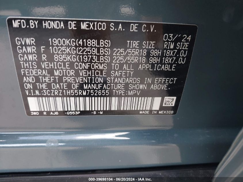 VIN 3CZRZ1H55RM752655 2024 HONDA HR-V 2WD SPORT/2WD SPORT W/O BSI